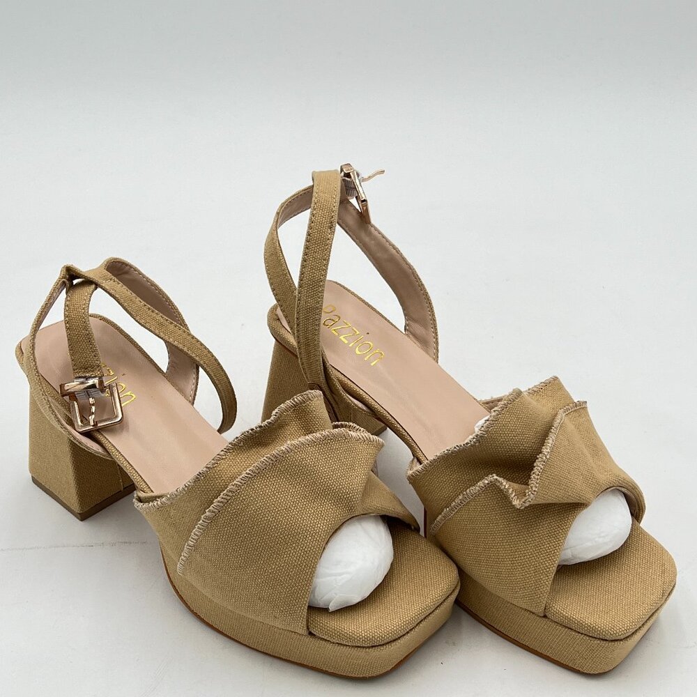 Pazzion Women's Platform Square Toe Pleated Ruffle Sandals Chunky High Heels